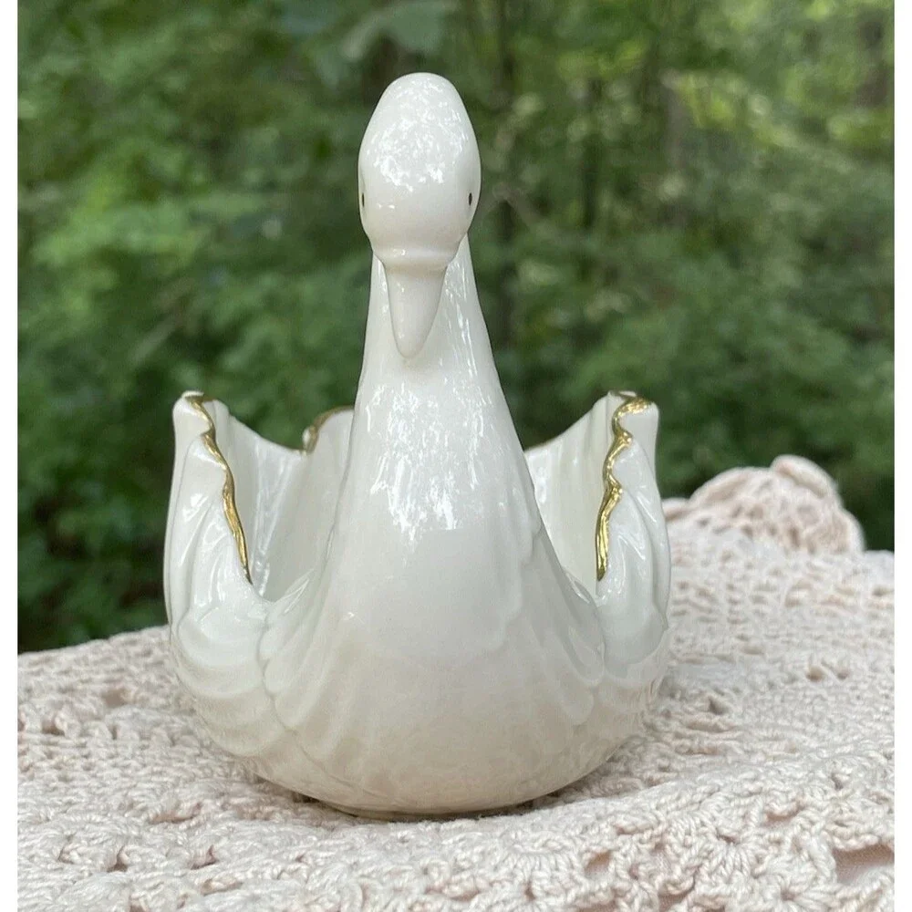 RARE Vtg Lenox 120th Anniversary Swan Trinket Dish 24K Gold trim USA Porcelain